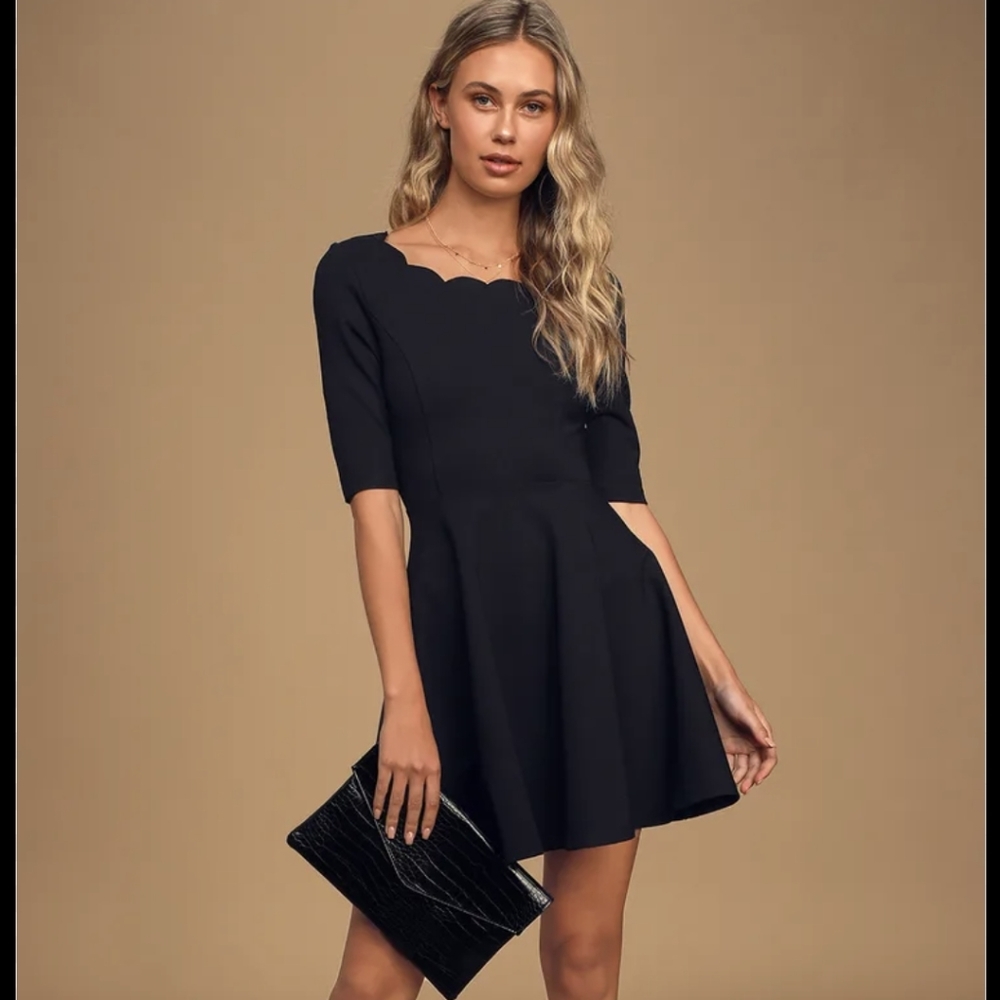 Sz S Lulus Tip the Scallops Black Scalloped Skater Dress
